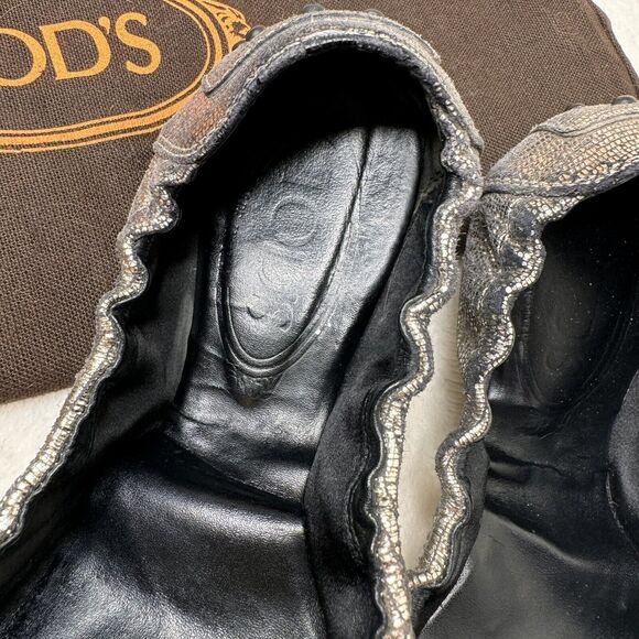 Tods Ballet Flats Black Mixed Media Cap Toe Buckle Scrunch 8.5 Classic Leather - Picture 3 of 10